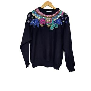 Vintage 80's Grannycore Sweater Sequins Womens L Alfred Dunner Colorful Black